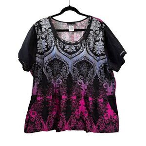 Cherokee Womens 2XL Short Sleeve Top Black Pink Floral 100% Cotton